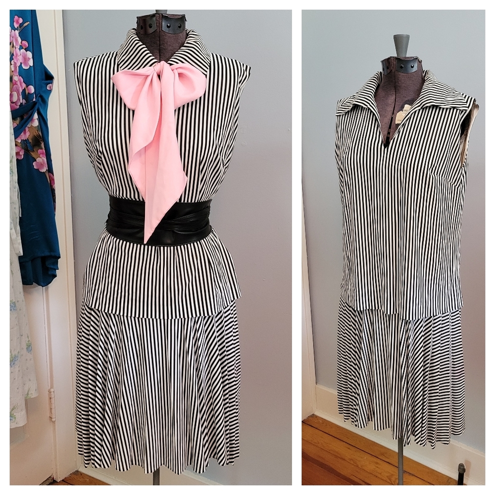 S/M Vintage Black & White Drop Waist Dress